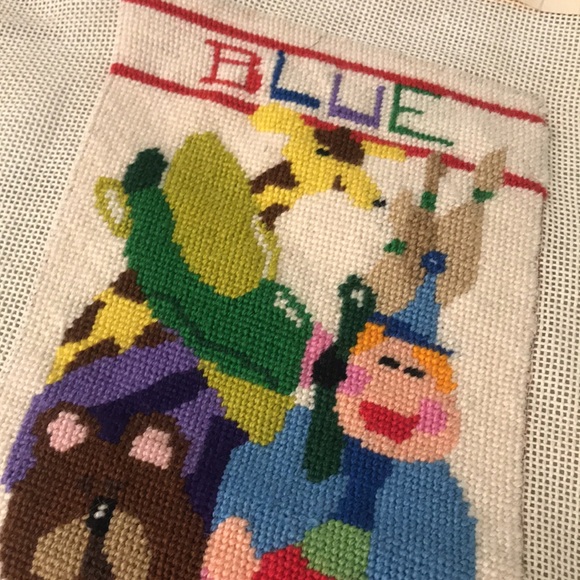 Vintage Needlepoint Christmas Stocking Front 18" Toys Pony Handmade Clown BLUE - Picture 2 of 7